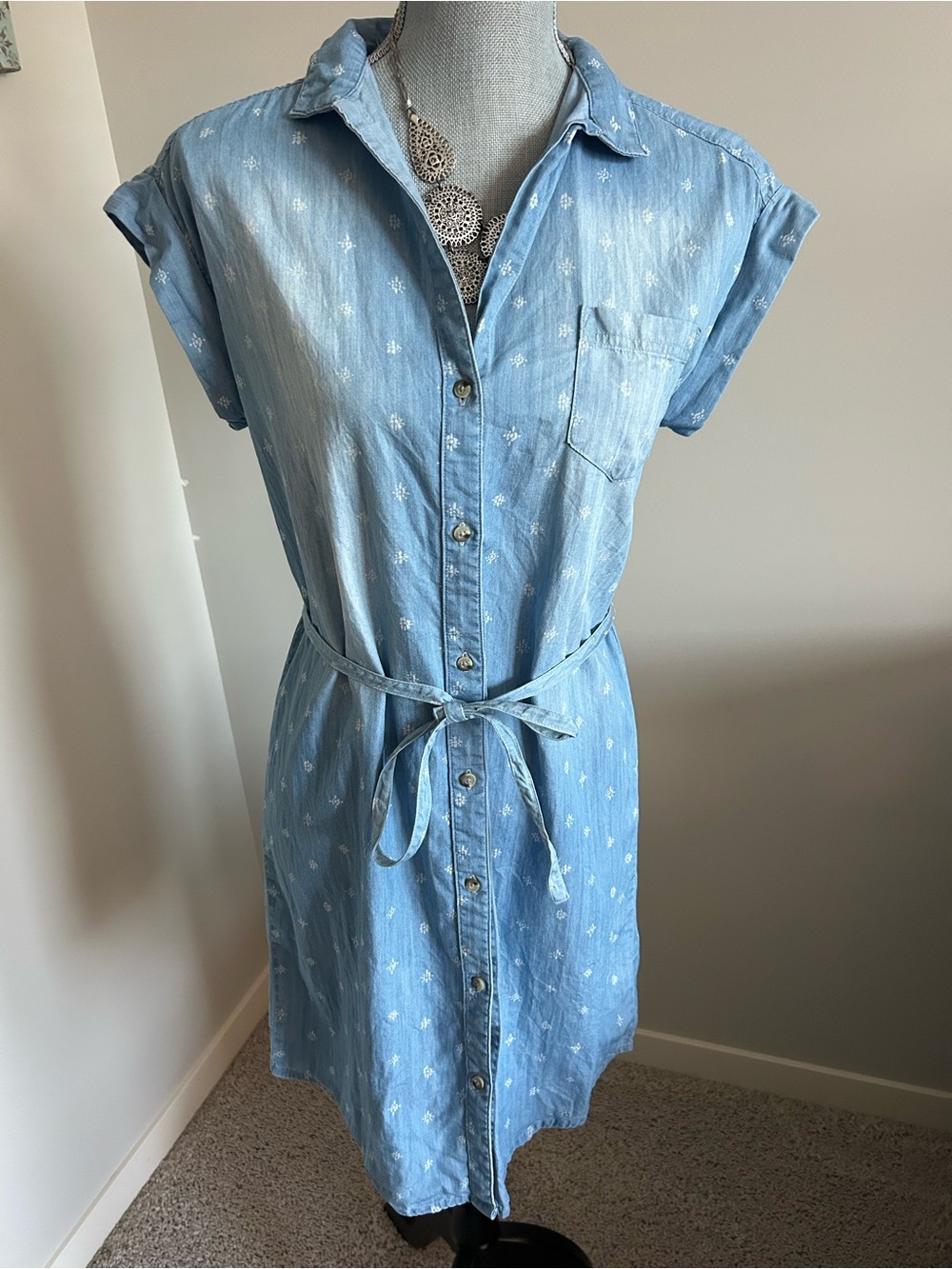 Maurices Light Blue Chambray Button-Down Midi Dress with Self Tie